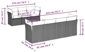 8 pcs conjunto sofás de jardim c/ almofadões vime PE cinzento