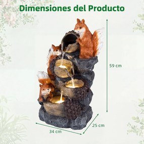 Fonte de Água Decorativa com Esquilos e Avelãs, 34 x 25 x 59 cm, Iluminação LED, Laranja+Cinza