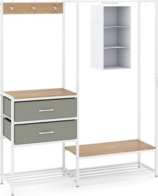 Guarda roupa aberto 138 x 35 x 161 cm com 2 gavetas dobráveis, estantes abertas, 3 ganchos, bolsa e 3 cubos organizadores Natural, branco