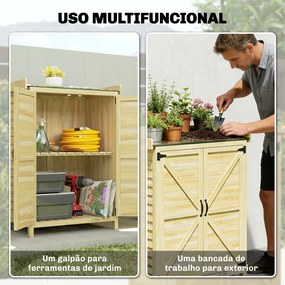 Armário de Jardim em Madeira com Teto de Metal Prateleiras e Ganchos para Armazenamento de Ferramentas 71,5x39x95 cm Natural