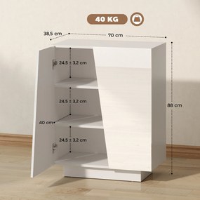 Aparador com armário de duas portas e prateleira ajustável, 70 x 40 x 88 cm, branco brilhante