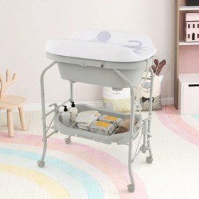 Fraldário para bebés com banheira portátil Almofada dobrável em PVC Bandeja de arrumação com 4 rodas universais Cinzento claro