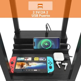 Candeeiro de pé moderno com estante, prateleiras e gaveta com 2 portas USB para sala de estar 26 x 26 x 160,5 cm Preto