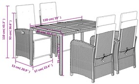 5 pcs conjunto de jantar p/ jardim c/ almofadões vime PE cinza