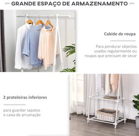 Suporte para Cabide Dobrável com 2 Prateleiras e 2 Barras para Pendurar Roupas para Sala Quarto Entrada 107,5x45x150 cm Branco