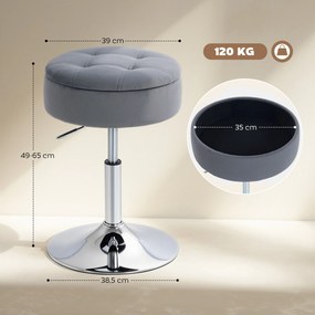 Banco de toucador em veludo, banco giratório para maquilhagem com espaço de arrumação, altura ajustável de 49 a 65 cm, cinzento