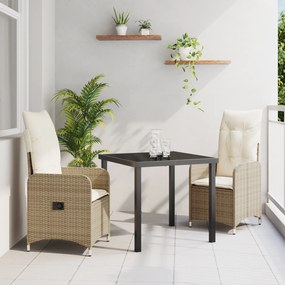 Conjunto de Jantar de Jardim de 3 Peças com Almofadas Bege Vime Poliés