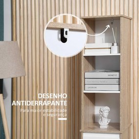 Armário de banheiro alto com 1 porta gaveta e 3 estantes Prateleira ajustável para sala de estar de cozinha 32,6x30x171,2 cm Madeira natural e branco