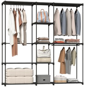 Guarda Roupas 182x43x185 cm Armário Aberto com 8 Prateleiras de Tecido Barras para Pendurar  182x43x185 cm Preto