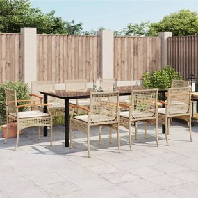 9 pcs conjunto de jantar p/ jardim com almofadões vime PE bege
