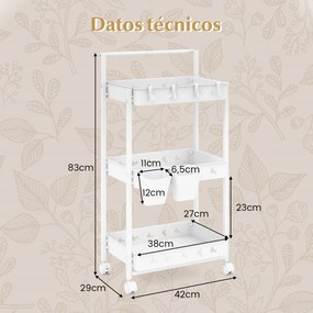 Carrinho de arrumação de 3 níveis com 2 copos suspensos 4 ganchos Barra de pega para a sala de estar Quarto Branco