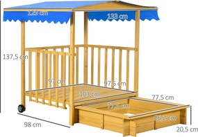 Caixa de Areia para Crianças com Varanda de Madeira Teto e Rodas Caixa