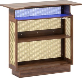 Mesa de bar com luz LED RGB e controlo por aplicação 120 x 55 x 110 cm em rattan com 3 suportes para copos e prateleiras Castanho