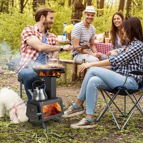 Fogão a lenha portátil com 2 posições de cozedura, pega da porta e janela de vidro resistente ao calor para cozinhar campismo