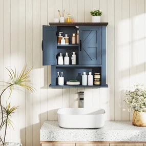 Armário de parede casa de banho, sala, cozinha ou entrada 55 x 19 x 60 cm com portas em estilo rústico, prateleira ajustável e compartimento aberto Az