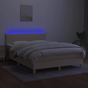 Cama box spring c/ colchão e LED 140x190 cm tecido cor creme