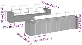 9 pcs conjunto de sofás p/ jardim c/ almofadões vime PE preto