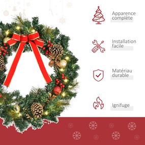 Grinalda de Natal artificial iluminada com 20 LEDs, com 60 cm - decorada com azevinho e pinhas verde