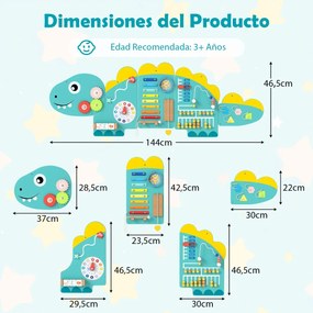 Painéis de atividades com dinossauros para crianças Quadro sensorial Montessori de madeira 11 em 1 para educação e desenvolvimento infantil Verde