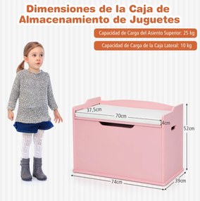 Baú de brinquedos 2 em 1, 74 x 39 x 52 cm com tampa Tampa elevável Utilização dupla como banco grande de madeira cor-de-rosa