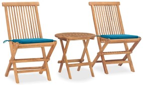 3 pcs conj. jantar dobrável exterior c/ almofadão teca maciça