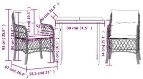3 pcs conjunto bistrô com almofadões vime PE cinza