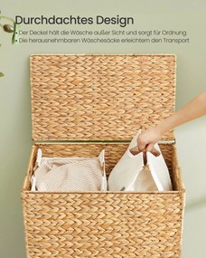 Cesto da roupa suja 56 x 40 x 70 cm com 2 compartimentos, 130 L, em jacinto-de-água, cor natural