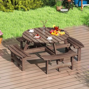 Conjunto de mesa de Jardim ou piquenique redonda com 4 bancos para 8 pessoas com orifício para guarda-sol de 5 cm Castanho