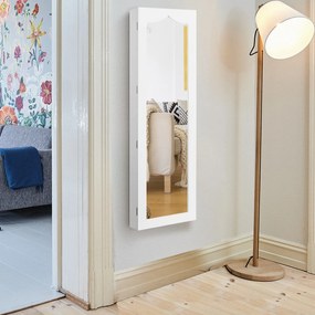 Armário para joias com espelho, iluminação LED, fechadura para montar na porta ou na parede, 36,5 x 11,5 x 120 cm Branco