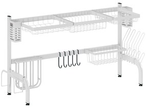 Escorredor de Louça de Aço de 2 Níveis com Prateleira para Pratos Suporte para Facas e Talheres 100x30x54,5 cm Branco