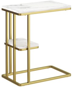 Mesa Auxiliar Estrutura em C Mesa Auxiliar Estreita de 2 Níveis com Prateleira 50x30x57,5 cm Branco  Efeito Mármore e doiurada