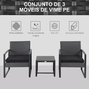 Conjunto de Móveis de Jardim de Vime 3 Peças com 1 Mesa 42,5x40x39 cm 2 Poltronas 63x57x76 cm Cinzento e Preto