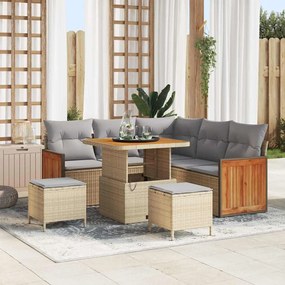 Conjunto de Sofá de Jardim de 8 Peças com Almofadas Bege Vime Poliéster Acácia