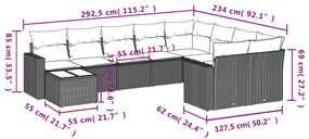 10 pcs conjunto sofás p/ jardim c/ almofadões vime PE cinzento