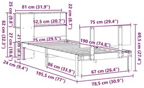 Cama com estante sem colchão 75x190 cm pinho maciço branco