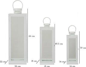 Conjunto de 3 Lanternas Brancas em Metal e Vidro – 66 cm, 49,5 cm e 39