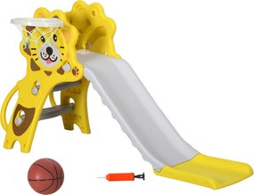 AIYAPLAY Escorrega para Crianças 2 em 1 com 2 Degraus Cesta de basquetebol e Desenho de Leão Interior 131x50x74 cm Amarelo e Cinza | Aosom Portugal
