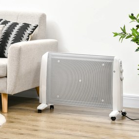 HOMCOM Aquecedor Elétrico 1000W/2000W Aquecedor de Mica com 2 Níveis de Potência Termostato Regulável e 4 Rodas para Ambientes de 15-20 m² Silencioso 79x27x54 cm Branco