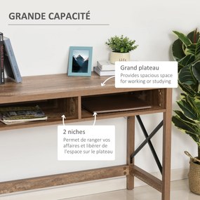 Secretária de design industrial com tampo grande, 2 compartimentos abertos metálicos pretos e painéis de aglomerado com imitação de madeira com veios