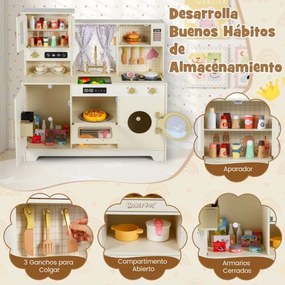 Cozinha de brincar em madeira para crianças 95 x 32 x 96 cm com forno micro-ondas, torneira e vários acessórios para maiores de 3 anos, bege