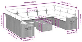 10 pcs conjunto sofás de jardim c/ almofadões vime PE cinzento