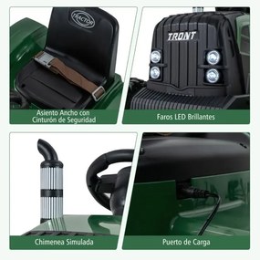 Trator elétrico de 24 V para crianças com reboque removível Controlo remoto Música Porta USB Luzes LED verde