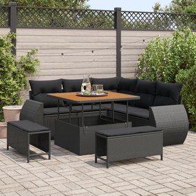 Conjunto de Sofá de Jardim 8 Peças com Almofadas Preto Rattan Poliéster Acácia