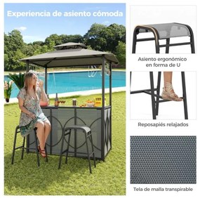 Conjunto de bar de Jardim de 3 peças Tenda de churrasco +  2 bancos de bar Mesa temperada Estantes de metal e suportes de vidro Cinzento