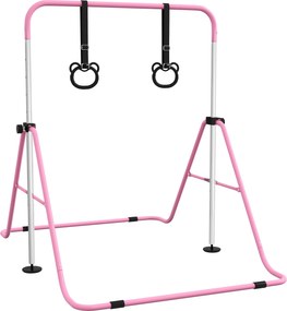 HOMCOM Barra de Ginástica para Crianças com Altura Ajustável em 5 Níveis Anéis e Dobrável 148x105x88-128 cm Rosa | Aosom Portugal