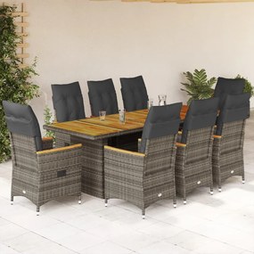 vidaXL 9 pcs conjunto bistrô de jardim c/ almofadões vime PE cinzento