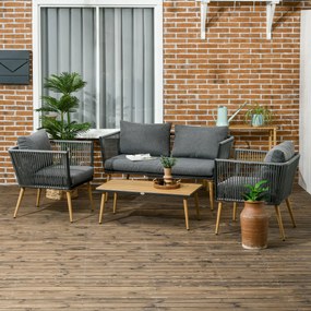 Conjunto de Móveis de Jardim de Vime 4 Peças Conjunto de Jardim com Sofá de 2 Lugares 2 Poltronas e Mesa de Centro com Bancada de Madeira e Plástico p