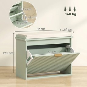 Banco para Sapatos, 62 x 26 x 47,5 cm, Duas Gavetas com Prateleiras Reguláveis, Verde