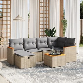 7 pcs conj. sofás jardim c/ almofadões vime PE bege misturado