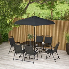 Conjunto de Jardim Refeição de 8 Peças com 6 Cadeiras Dobráveis Mesa e Chapéu de Sol Inclinável Preto